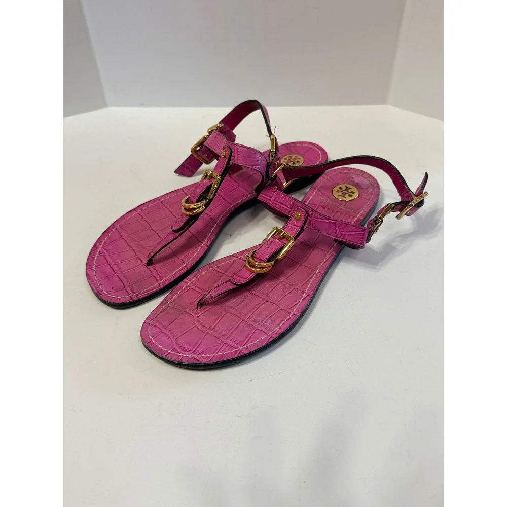 Tory Burch Pink Croc Embossed Leather Miller Sandals Gold Logo Thong Flat 7.5M